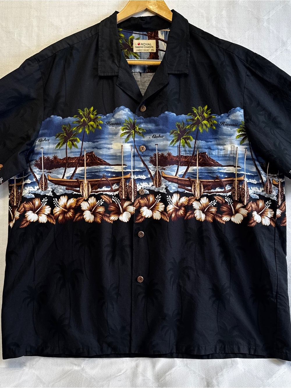 Royal Hawaiian Creations Aloha Shirt 3XL Black Scenic Made Hawaii Cotton Beach